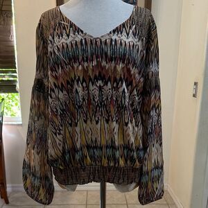 Chico’s Multicolor Patterned Women's Top w/ Faux Suede Trim Size 1-MEDIUM
